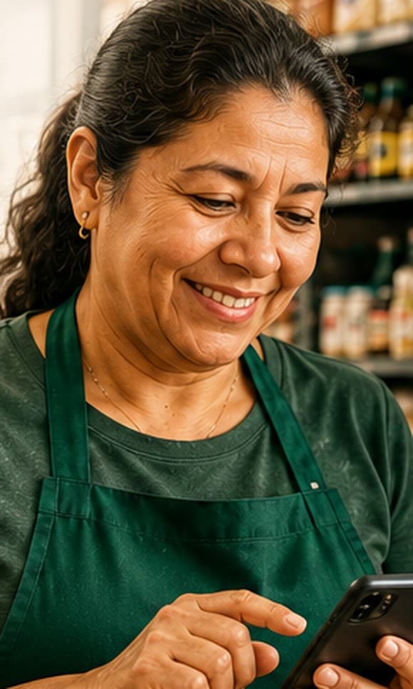 Comerciante mexicana atendiendo su puesto de frutas y verduras