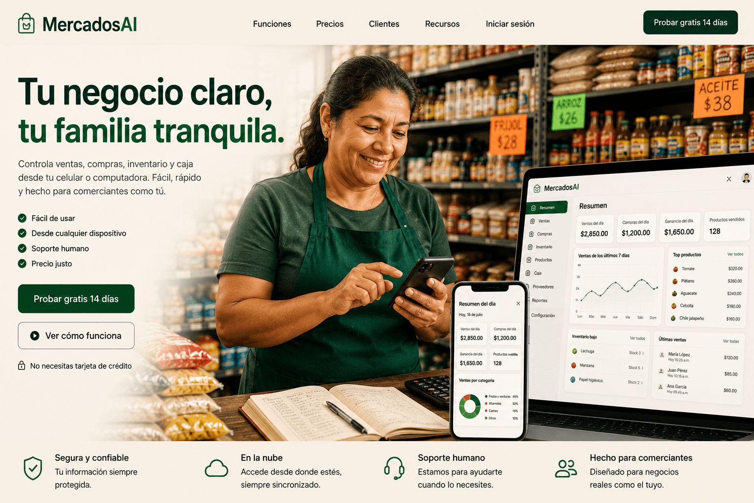 Comerciante mexicana sonriendo mientras usa su celular en su negocio
