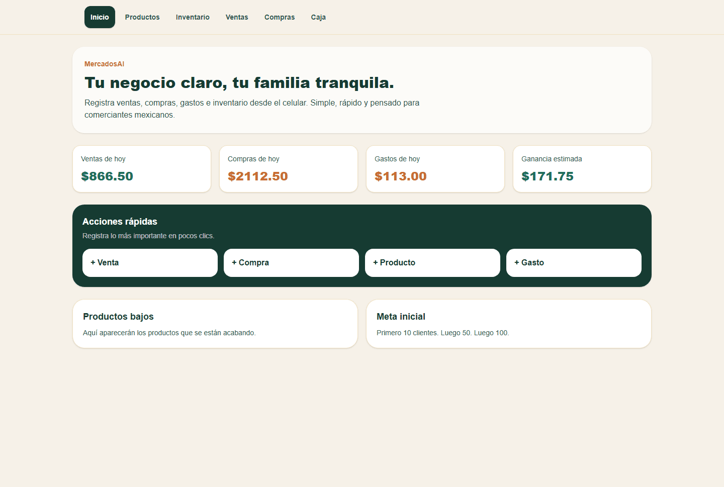 Pantalla de Dashboard en MercadosAI